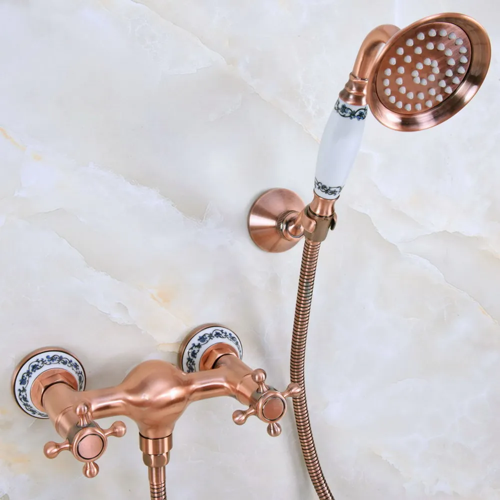 

Bath Faucets Antique Red Copper Wall Mounted Bathroom Basin Mixer Tap With Hand Shower Head Bath & Shower Faucet Nna293