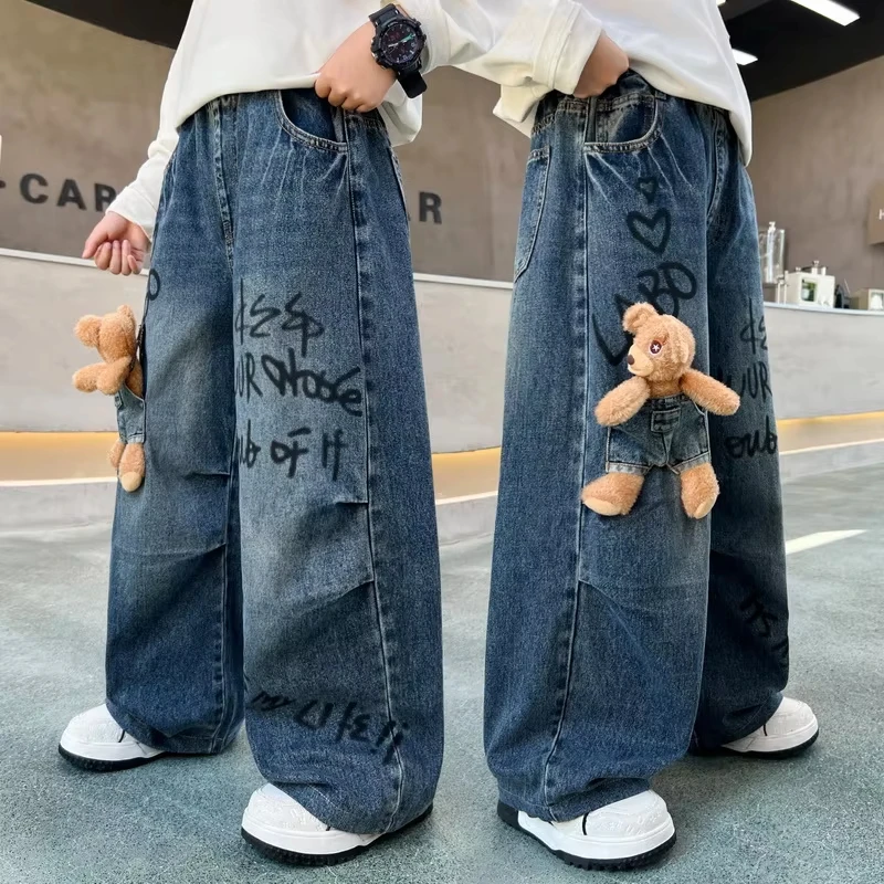 Boys's Cool Trendy Jeans Children Trendy Wide Leg Denim Pants Jeans Autumn Spring Kids' Fashion Street Style Loose Fit Trousers