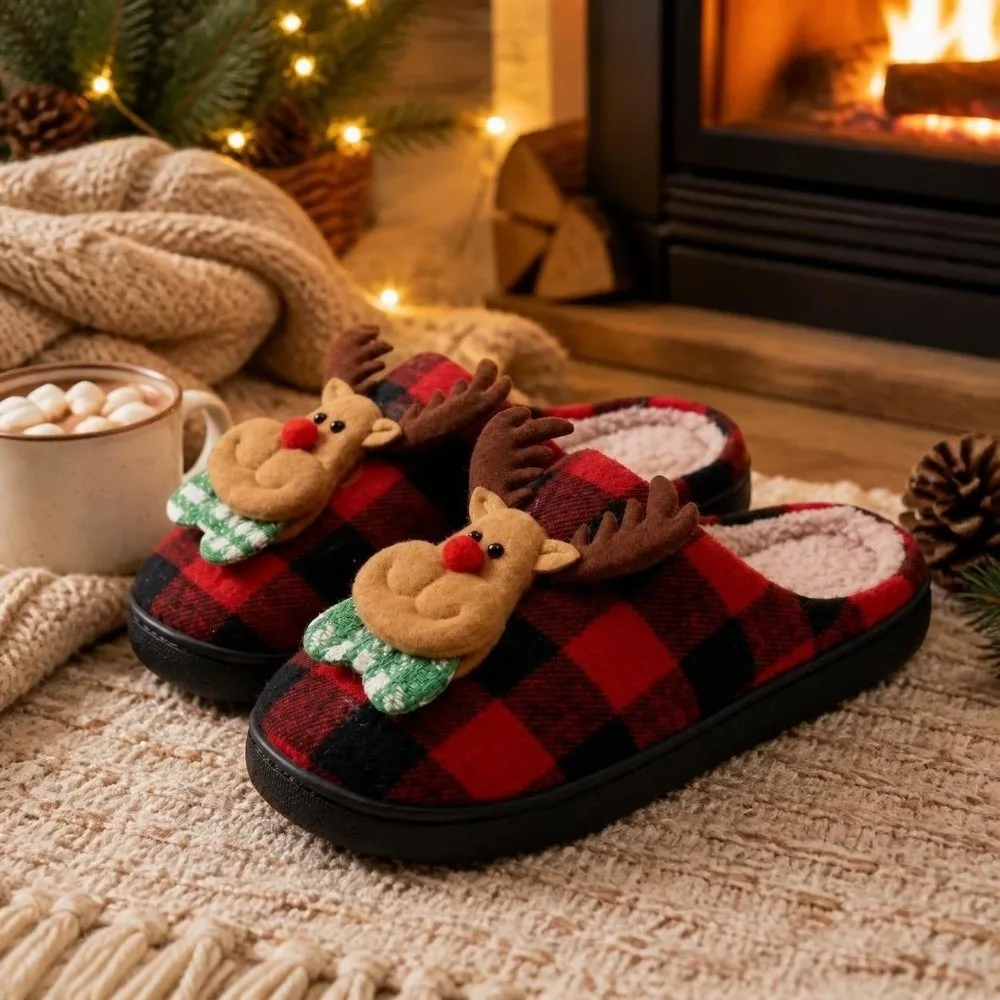 Festive Design Bear Christmas Slippers Santa Claus Deer Indoor Slippers Plaid Pattern Autumn Winter Plush Warm Slippers Winter