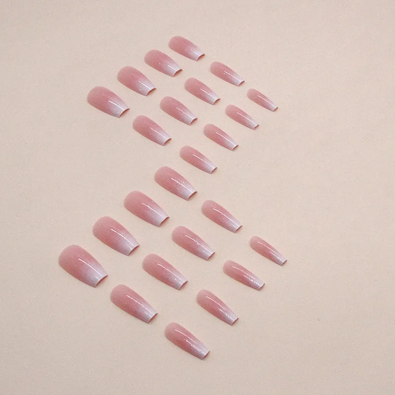 24pcs Wearable Long Square French Fake Nail Gradient Powder False Nails Suit Press On Nail Full Cover Sweet Nail Set With Glue