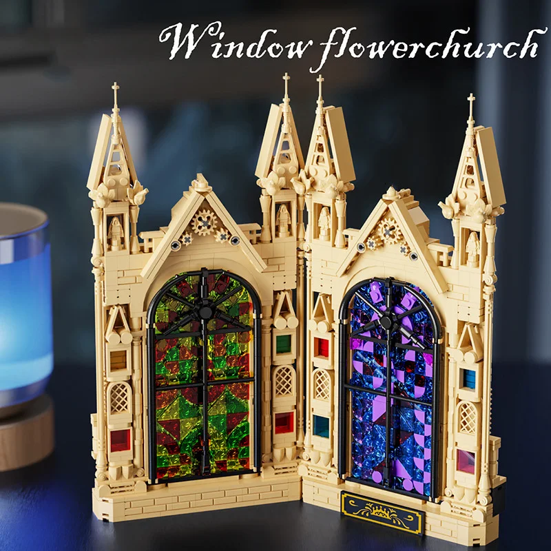 Blocs de Construction d'architecture de film créatif, décorations de fenêtre d'église, figurines en brique, jouets avec lumière pour cadeaux
