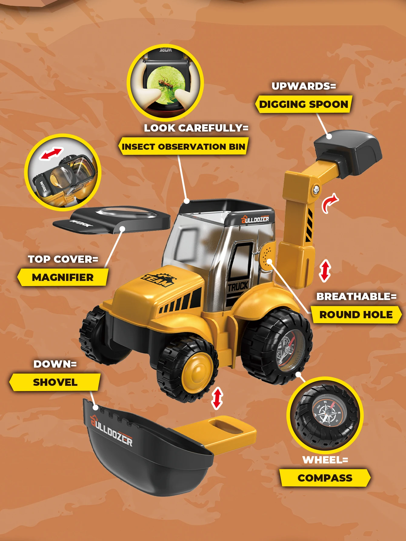 Outdoor puzzle science and education, 5-in-1 bulldozer truck with magnifying glass function