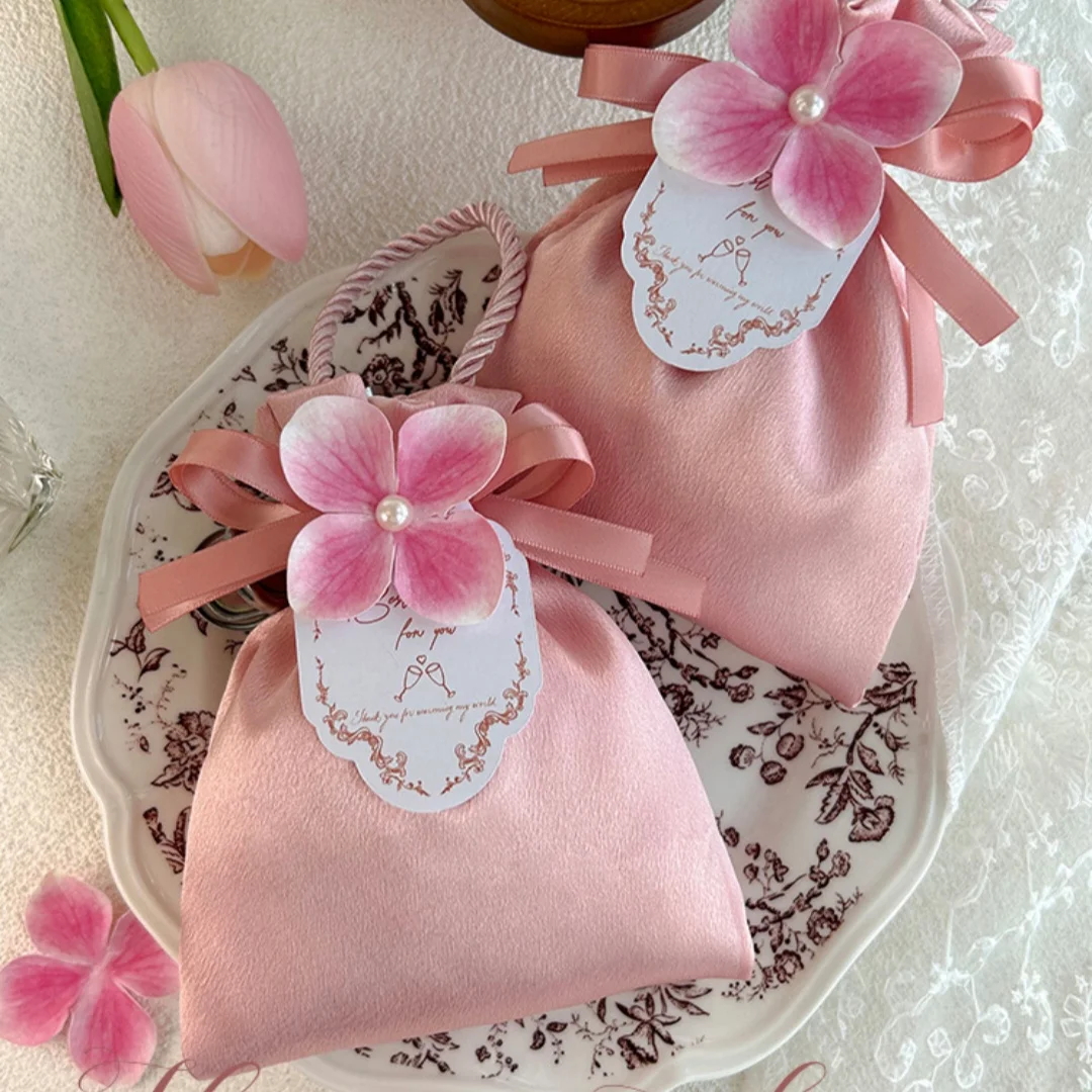 Storage Bags Portable Flower Drawstring Bag Silky Satin Cloth Bag Elegant Candy Box For Candy Storage Gift Packaging Wedding