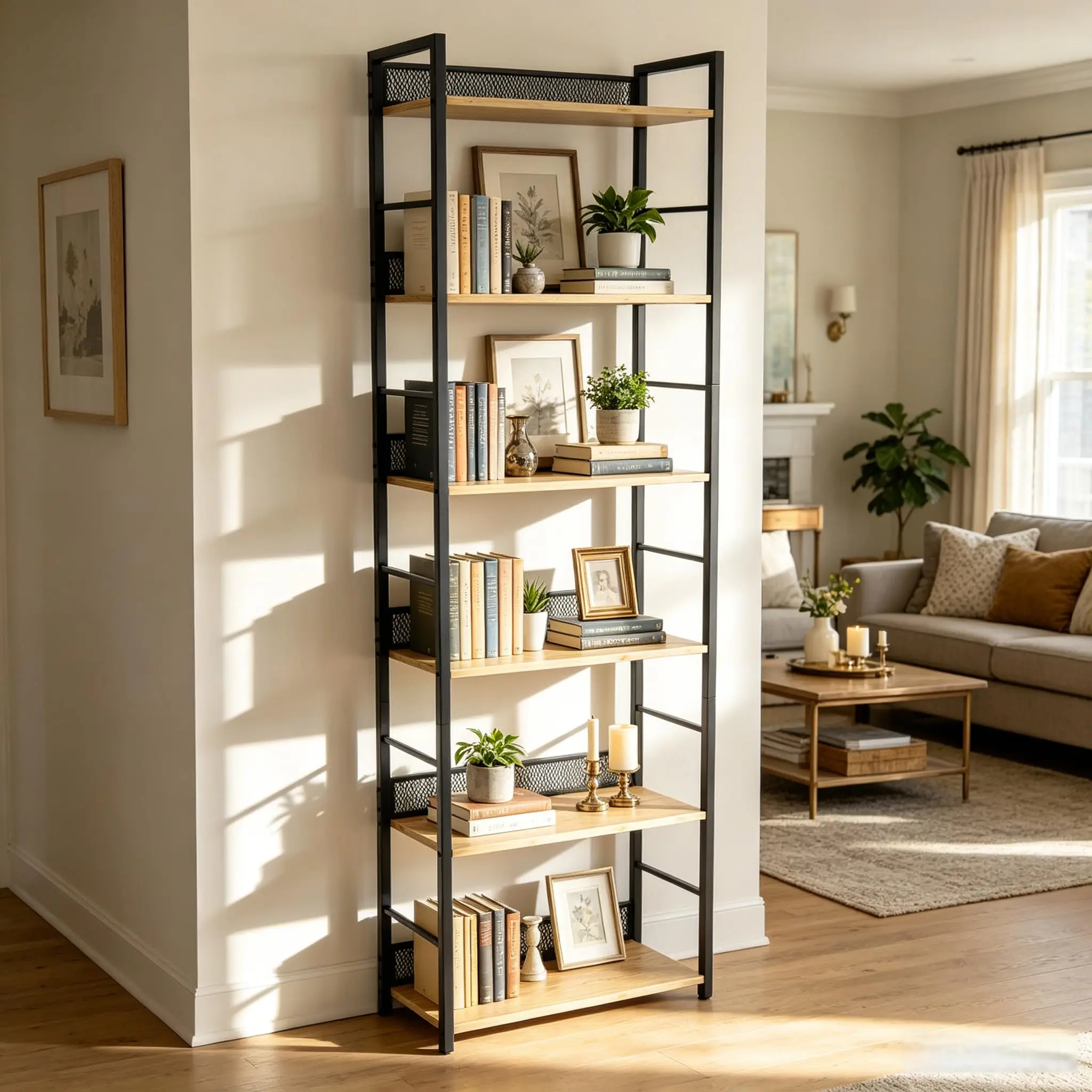 6-Tier Bookshelf Open Bookcase with Steel Frame 23.62*11.81*73.62 Inch Industrial Wood and Black/White Metal Bookshelves Mid Century Bookcase for Home Office Living Room Bedroom
