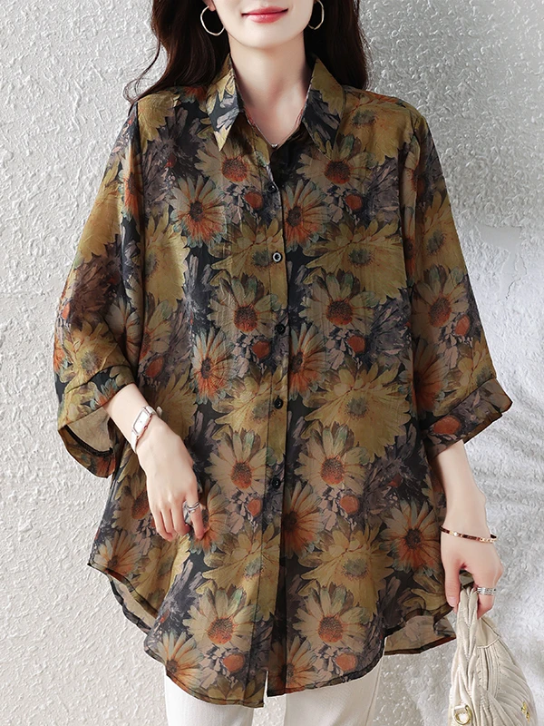 

Loose Women's Shirt Summer 2026 Fashion Anti-Aging Polyester Fiber Casual Style Five-Quarter Sleeve Regular Fit for plus Size