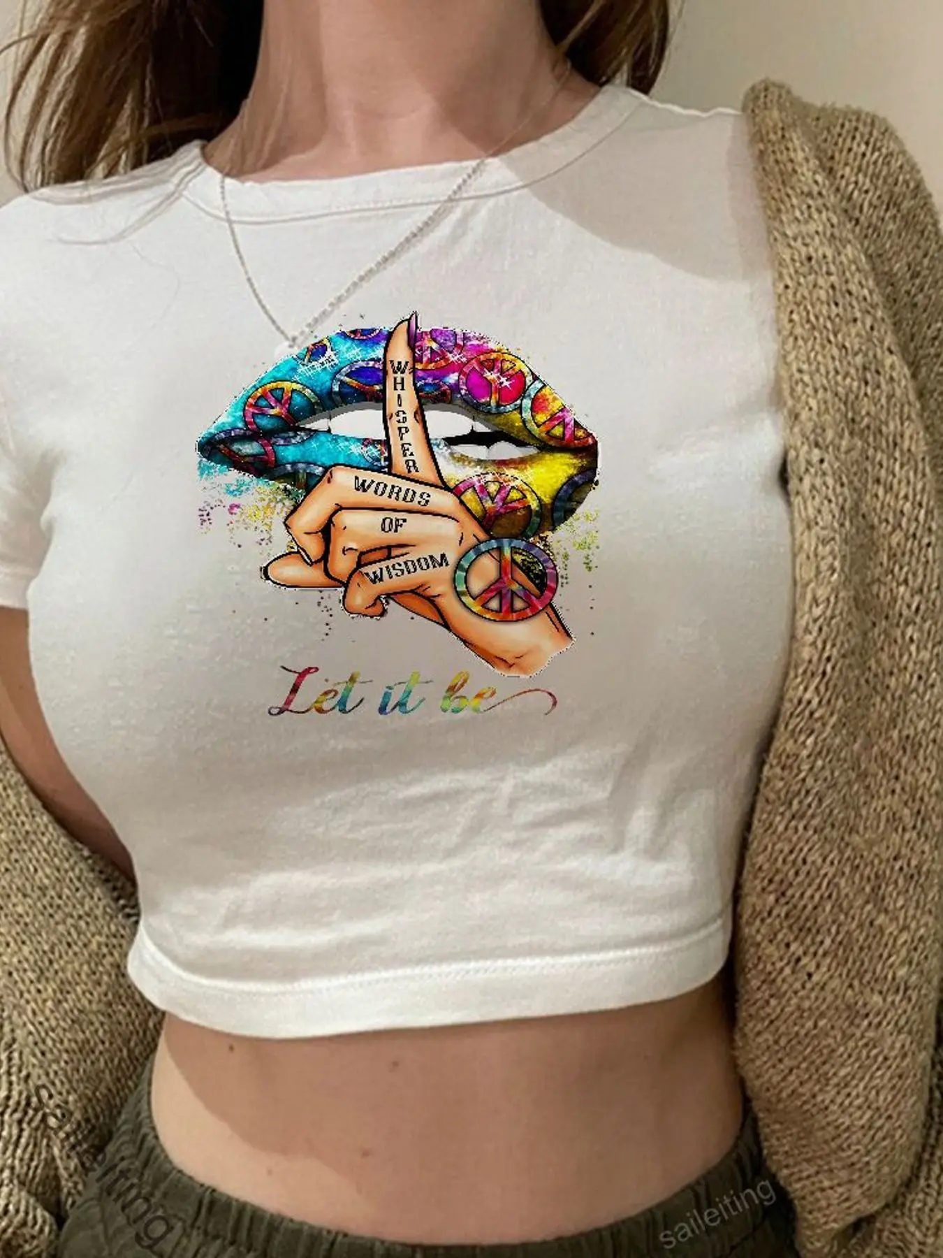 Women's White Crop Top T-Shirt with Colorful Lips Peace Sign Graphic Print 