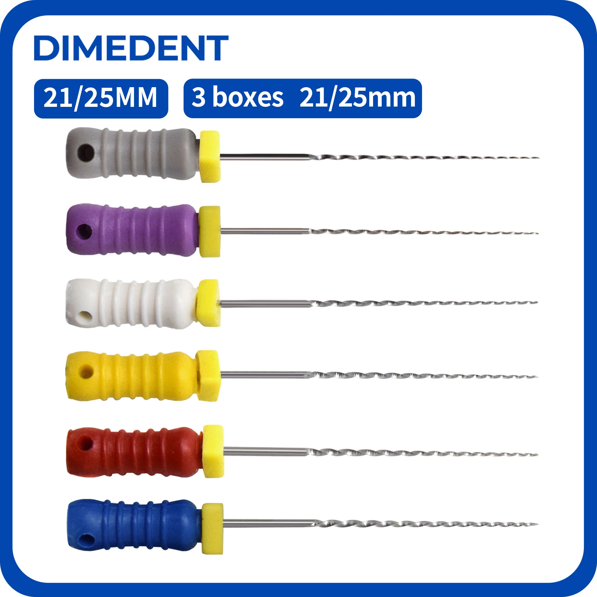 3Boxes DIMEDENT Non-Cutting Tip Design Root Canal Dental Tools 21/25mm #15-40 Stainless Steel Reamers Files Hand Use Endo R File