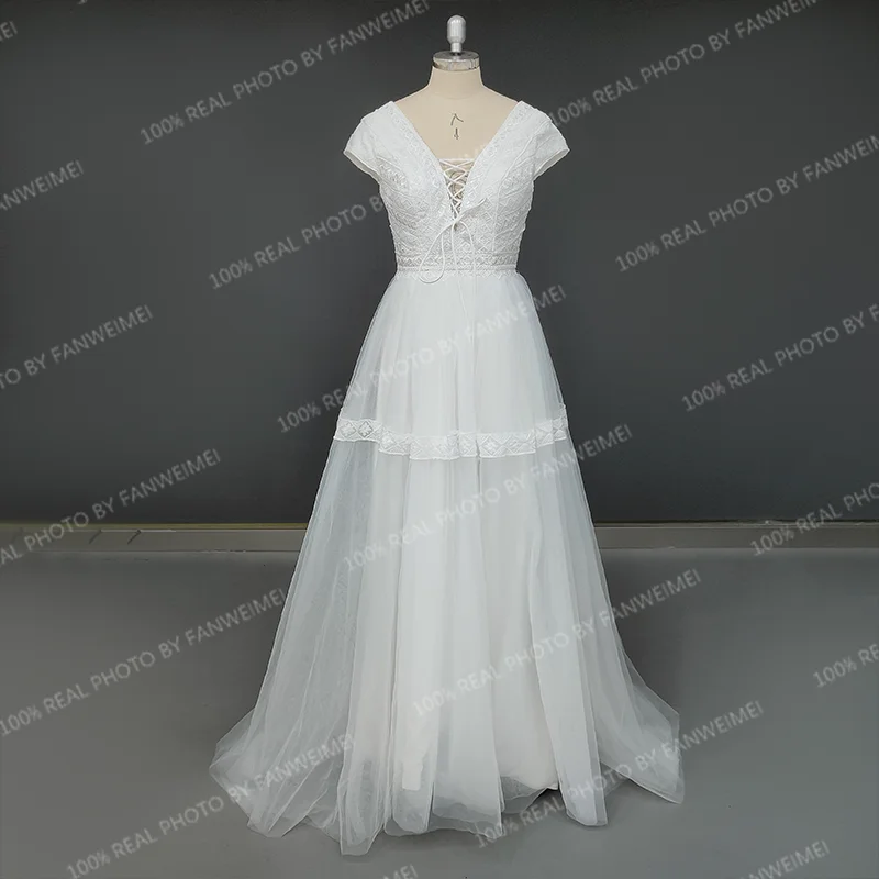 Vestido de novia de línea a con cordones y escote en V, elegante, sencillo, con Espalda descubierta, 9693