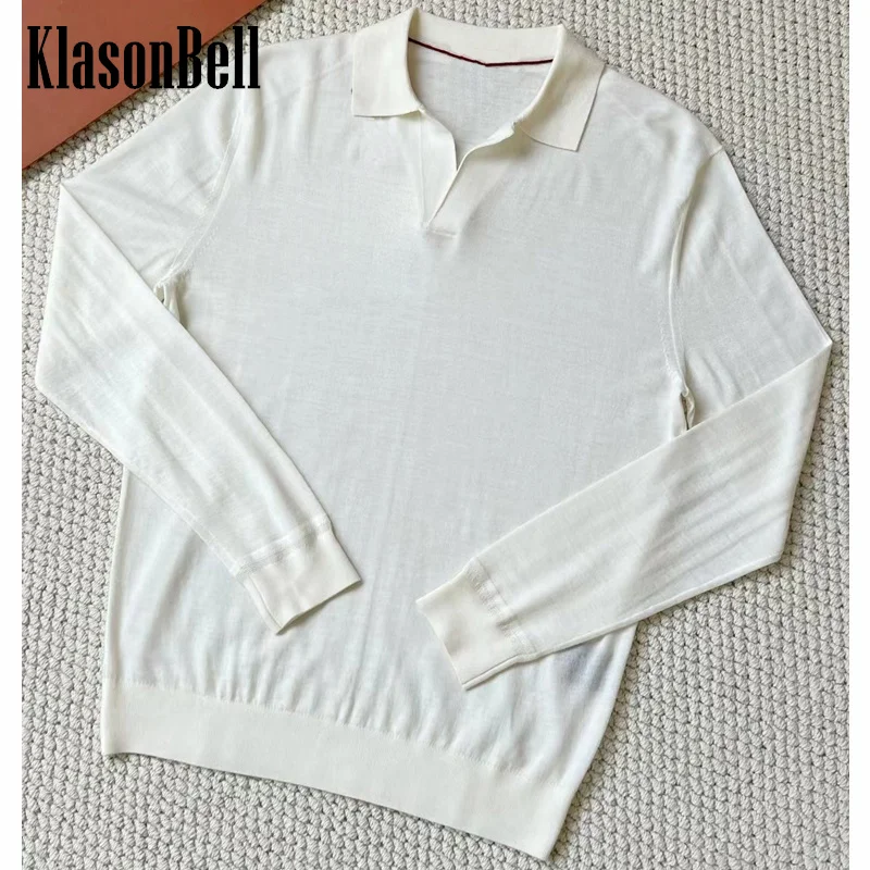 9.21 KlasonBell Men's Clothes Turndown Collar Long Sleeve Casual Pullover Solid Color Soft Wool Knitted Sweater