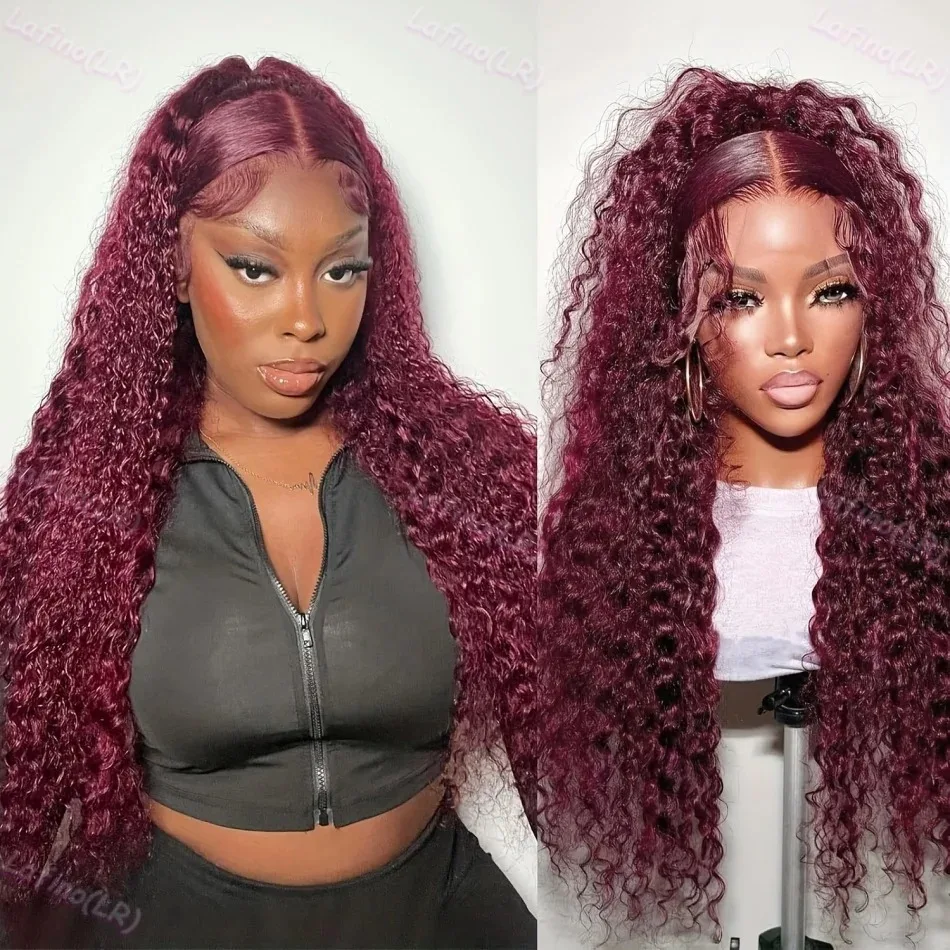 Human Hair Deep Wave 13x6 Lace Frontal Wig 200 density 30 40 Inch Curly 99j burgundy Lace Front Brazilian For Black Women