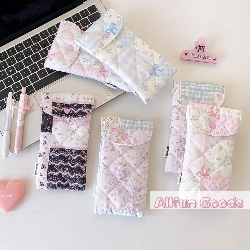 1Pcs Fashion Floral Bow Snap Pen Bag Student Stationery Girl Portable Glasses Storage Bag Large Capacity Travel Makeup Bag Gifts