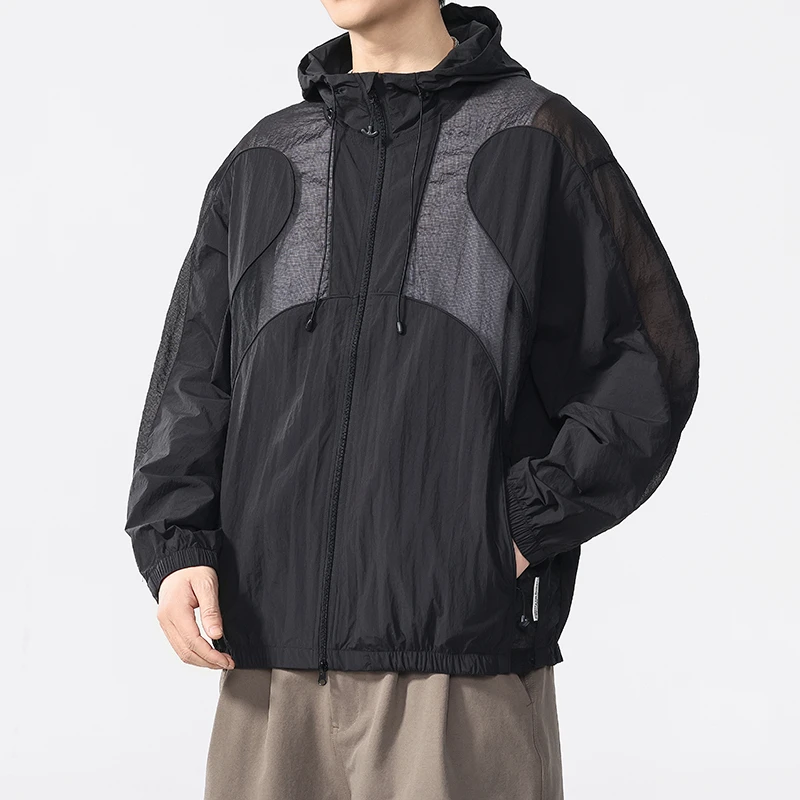 

Outdoor Jacket Men Summer Lightweight Quick Dry Splice Mesh Techwear Hood Jacket Loose Casual Coat