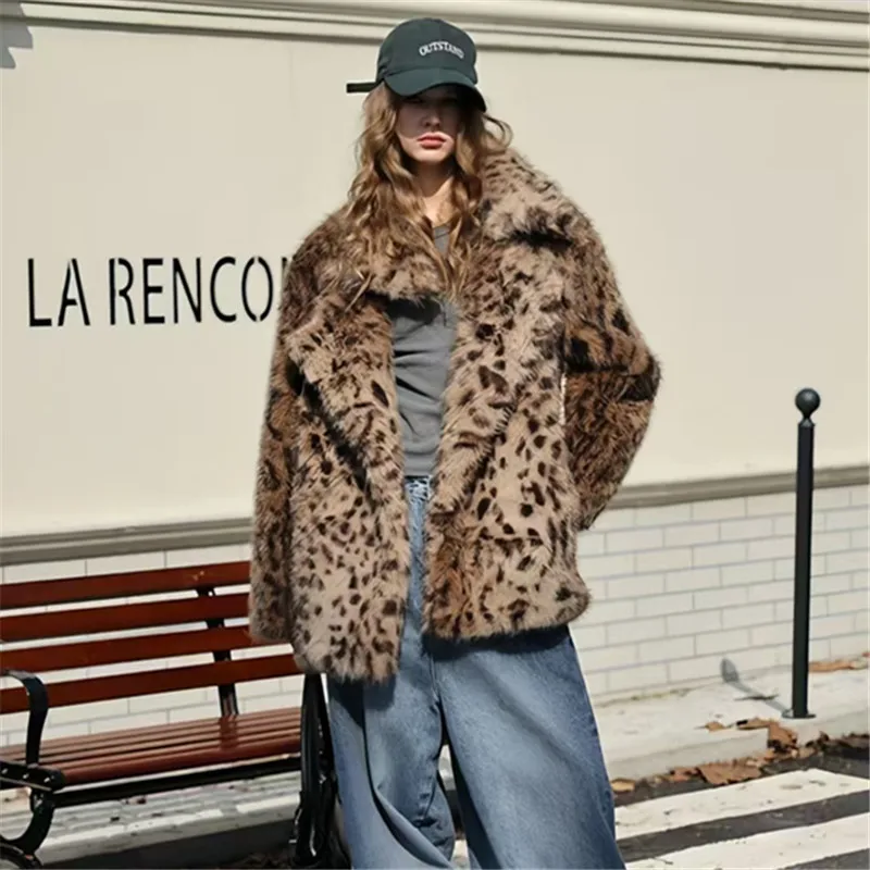 Faux Fur Coat for Women,Covered Button Jacket,Turn-down Collar Outwear,Leopard Print,Autumn and Winter,New,2026