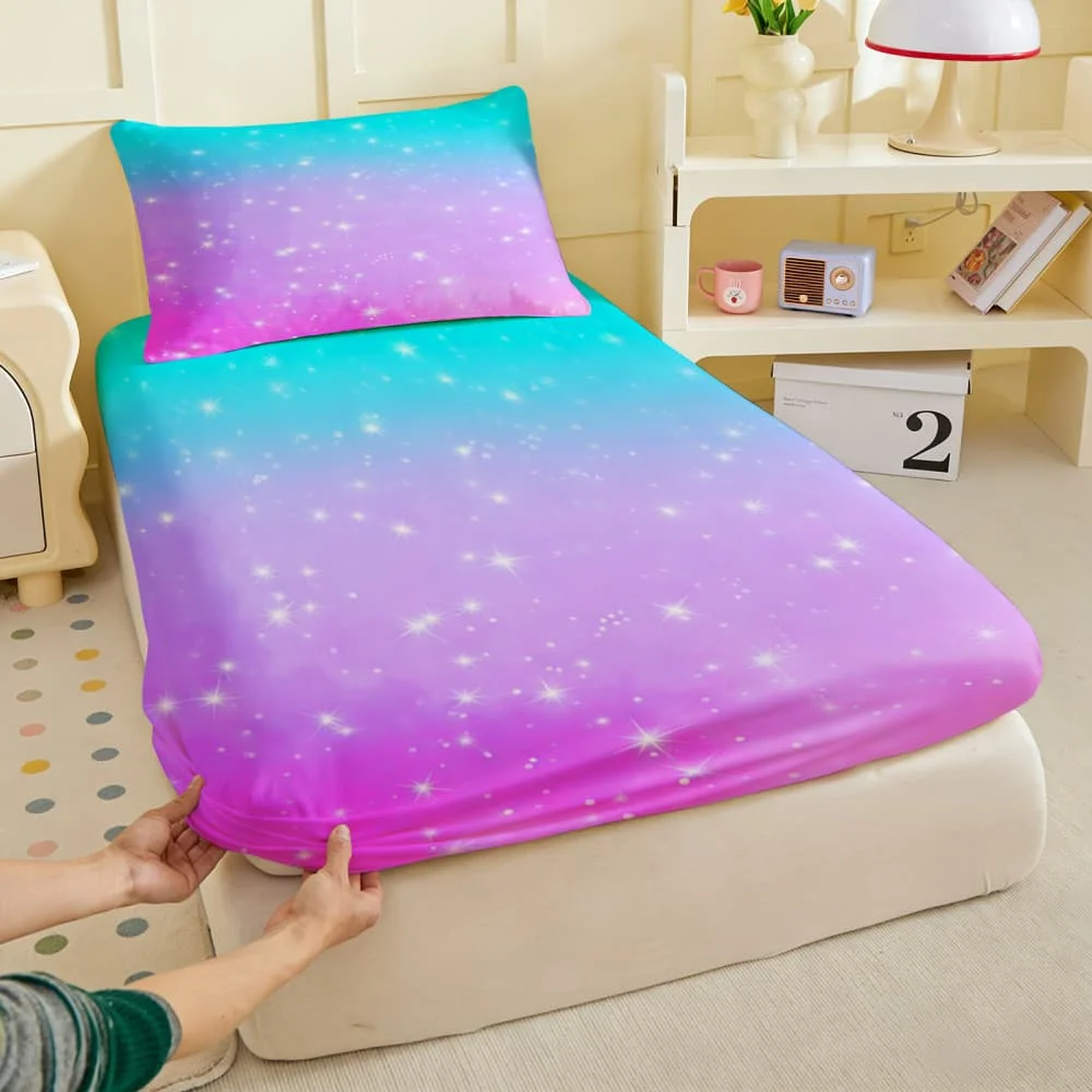 1pc Pastel Gradient Galaxy Print Fitted Sheet Deep Pocket Elastic Mattress Cover Single Double Queen King Bedroom Decor