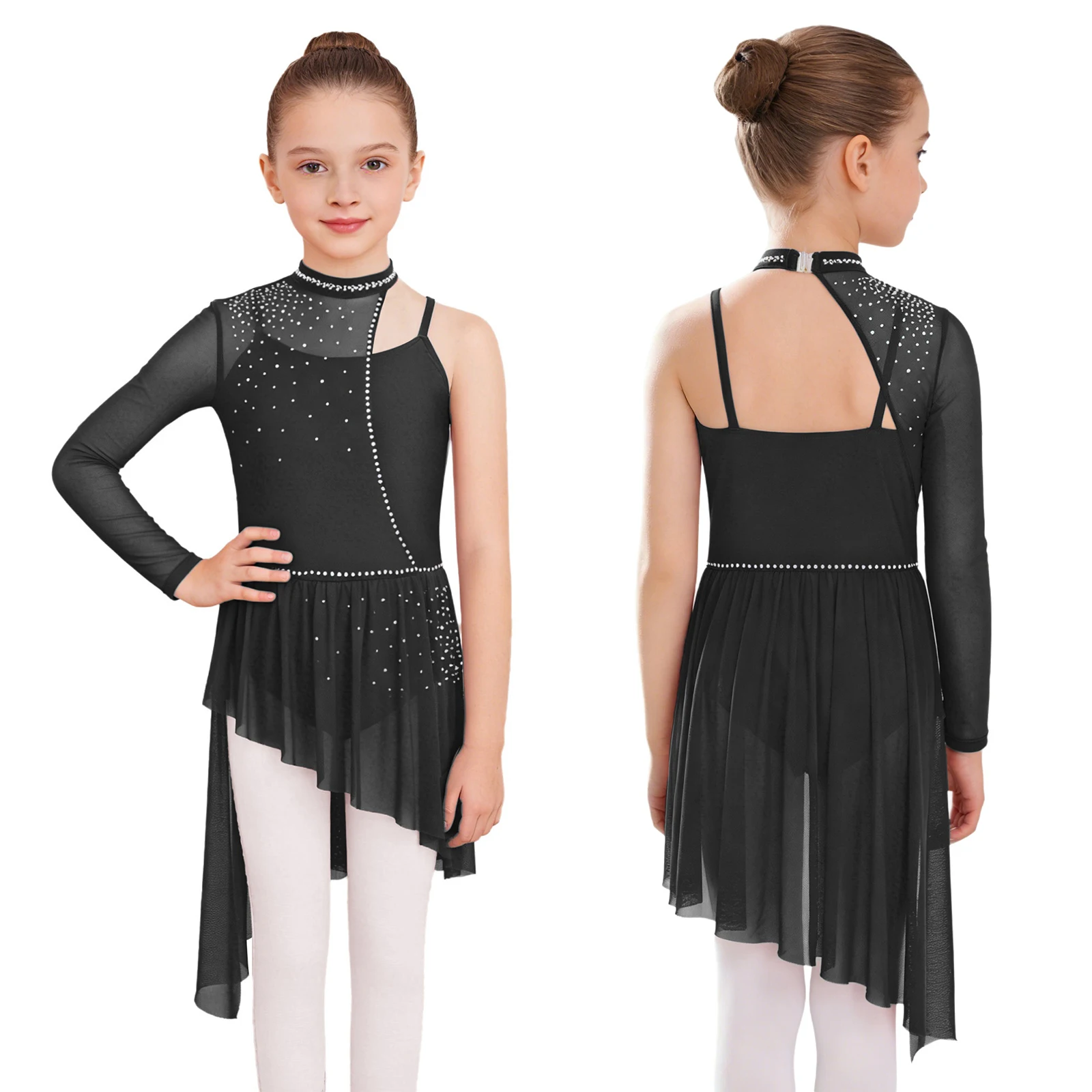 Kids Girls Modern Lyrical Dance Dress Shiny Rhinestone Sheer Mesh Figure Skating Gymnastics Acrobatics Ballet Leotard Dresses