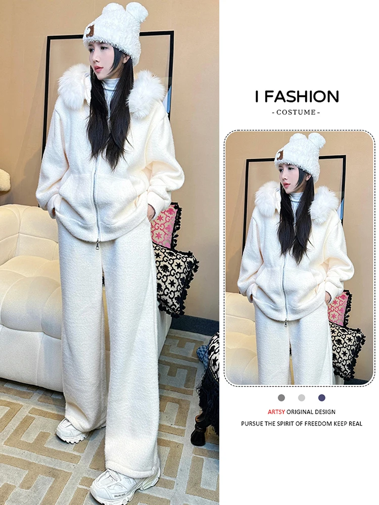 ファイオナブルな大きなファー襟のカジュアルセーターとワイドレッグパンツのツーピースセット、女性用秋冬レジャー服