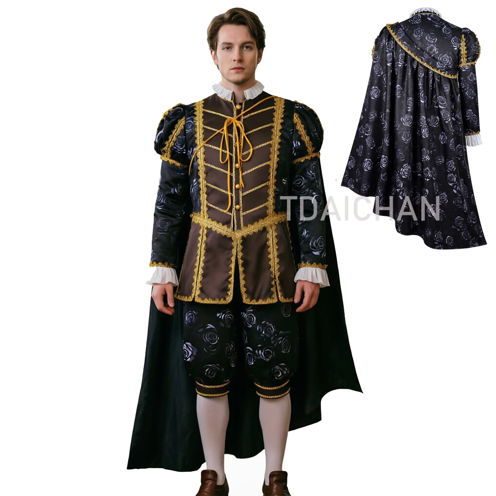 

Renaissance Noble Cosplay Costume Realistic Elizabethan Tudor Doublet Cape Black Rose Gold Trim Luxury/Gold Lace Shakespearean