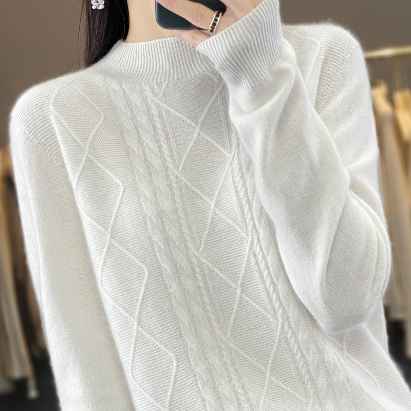 

2024 New Hollowed-out pullover Long Sleeve Knitted Bottom Korean Version Of The first Line Of Ready-to-wear Semi-turtleneck Shir