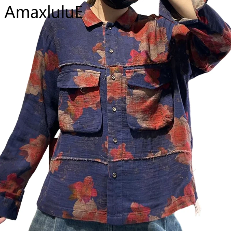 Amax LuluE Autumn Womens Printed Shirts European Design Classic Casual Elegant Loose Tops Fashion Vintage Floral Cotton Blouses