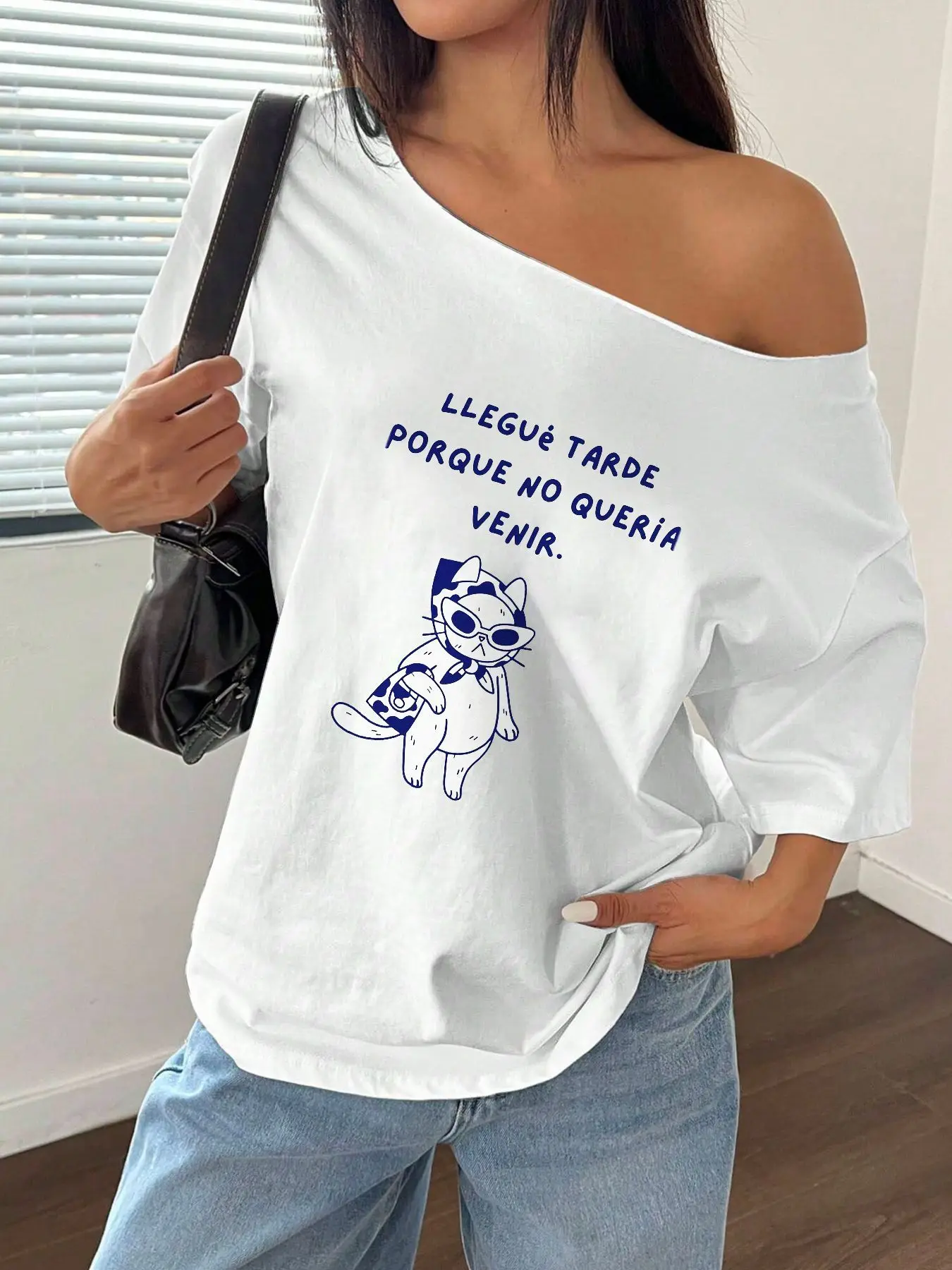 

100% Cotton Plus Size Funny Cat Print Casual Shoulder Loose Print T-Shirt Oversized Y2K Style Graphic Tees Women Tops Summer