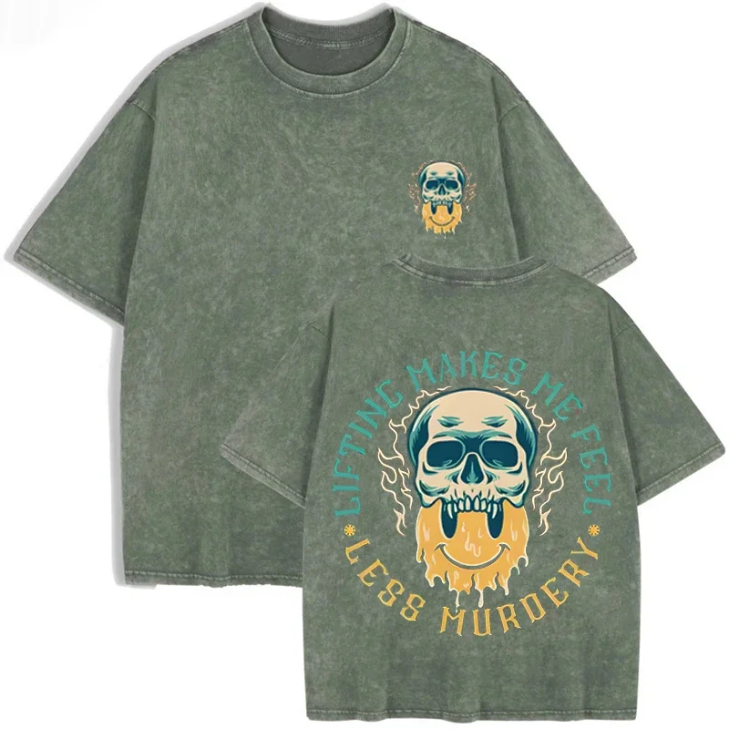 Lifting Makes Me Feel Less Murdery Skull Print Vintage Washed Gym T Shirt