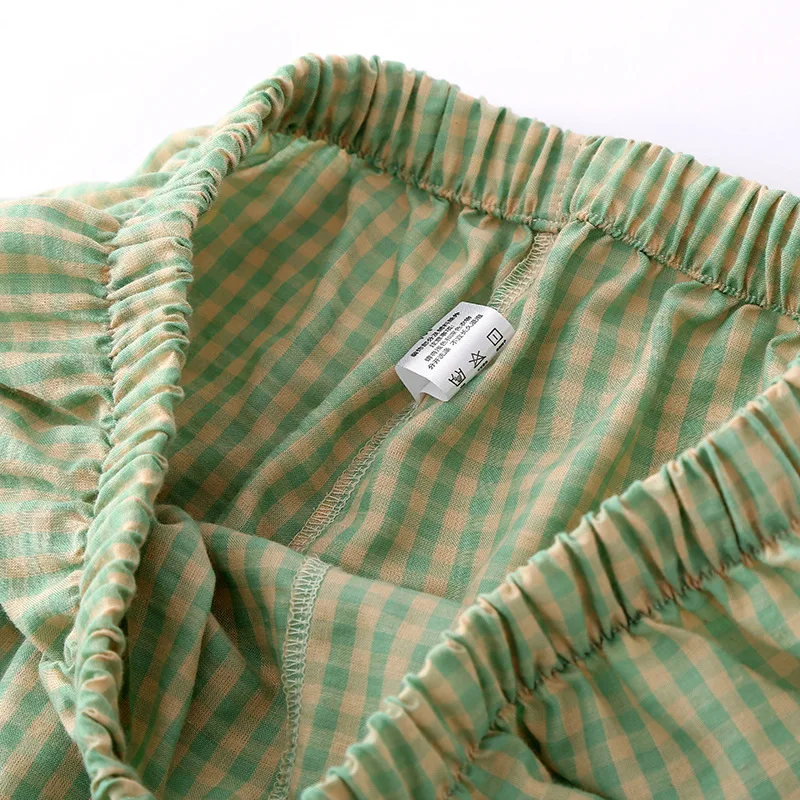 Plaid Print Ladies Female Nightwear Summer New Pajamas Woman Sleepwear Short Set Knitted Cotton 2Pcs Pyjamas Elegant