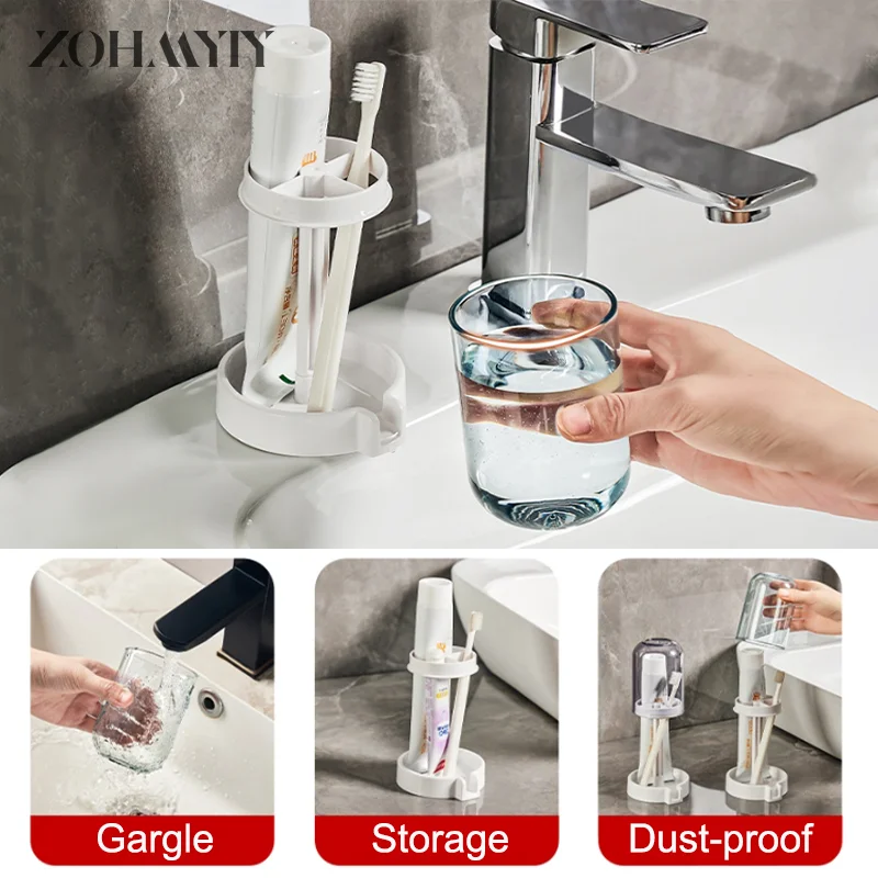 3-in-1 Toothbrush Holder Toothpaste Mouthwash Cup Organizer Dry And Dustproof Cleaning Tool Storage Rack Household Bathroom