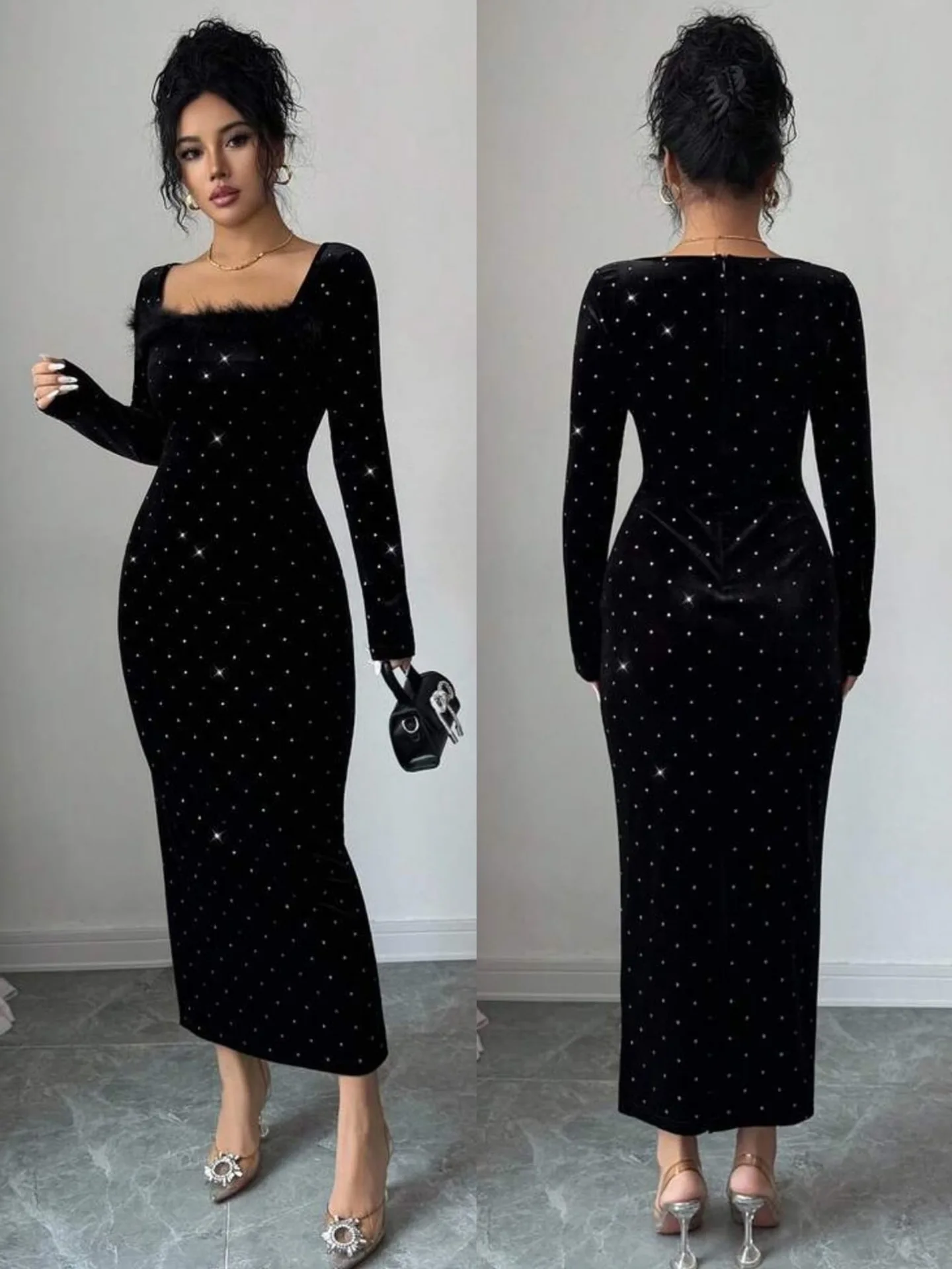 Y6071 Autumn/Winter New Arrivals European Women's Fashion Long Dress with Full Rhinestone Sequin Square Neck Waist-Cinching Body