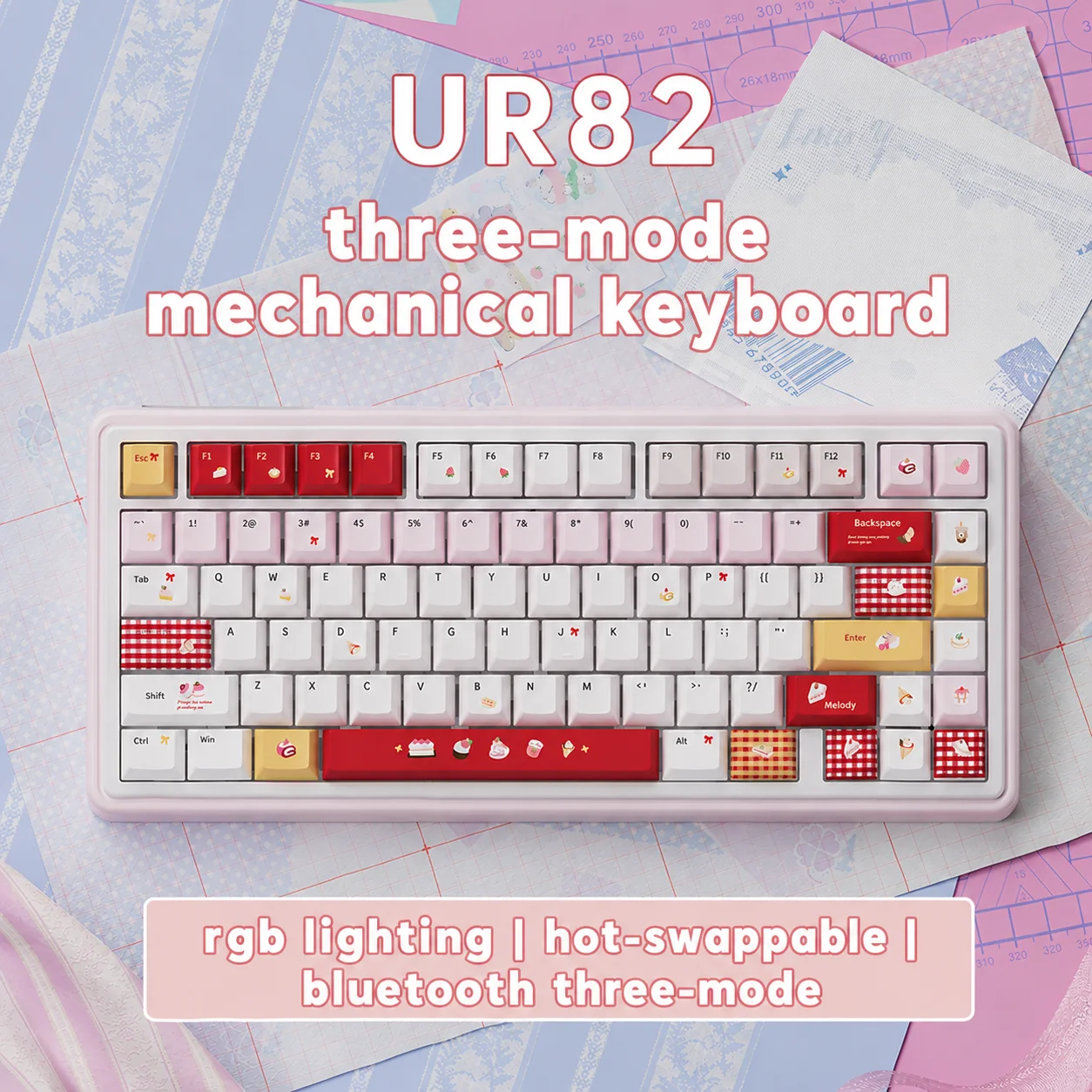 URE UR82 Tri-mode Mechanical Keyboard Gasket Hot Swap RGB Custom Keyboard Strawberry Dessert Theme PBT Keycaps for Gaming Office