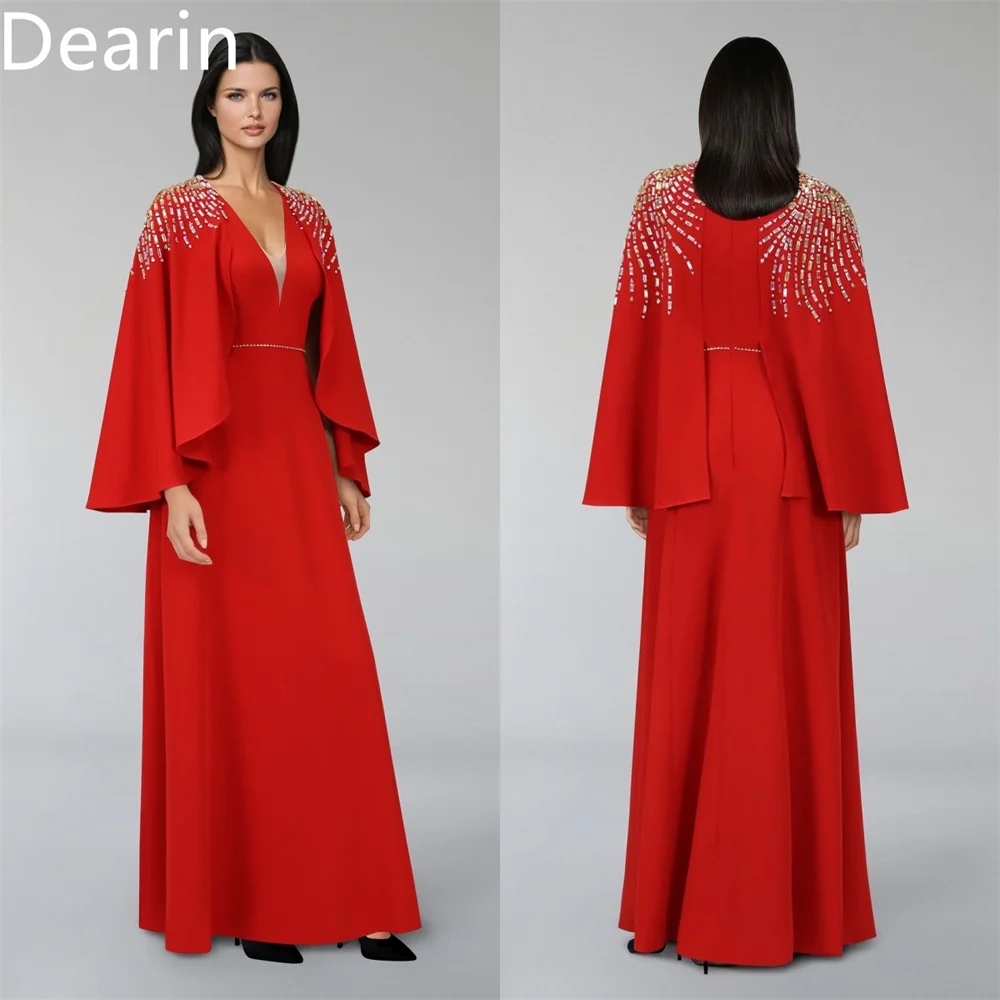 Vestido de fiesta personalizado Dearin, cuello en V, corte en A, faldas hasta el suelo, drapeado, cuentas contorneadas, vestidos para ocasiones a medida, Formal, Arabia Saudita