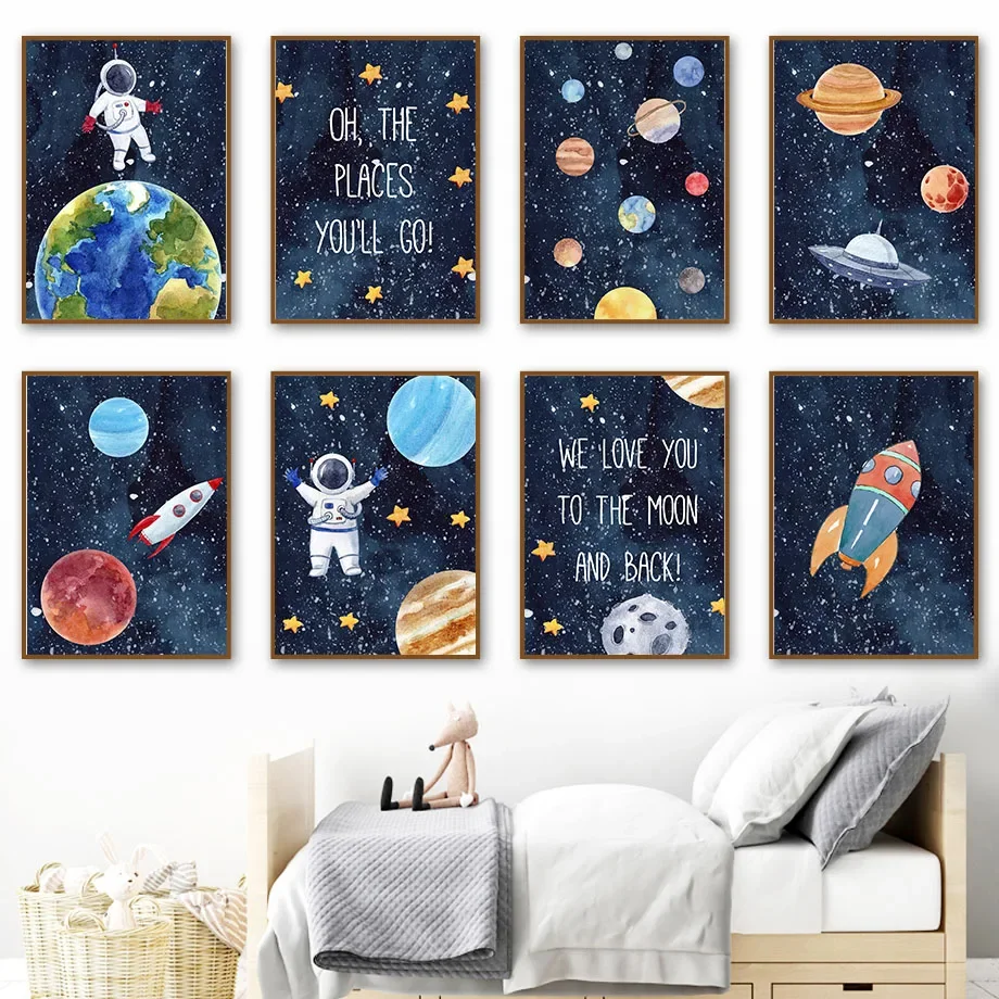 Pintura en lienzo de arte de pared para guardería, póster nórdico e impresiones de planeta espacial, cohete, astronauta, estrella, imágenes de pared, decoración de habitación de bebé y niños