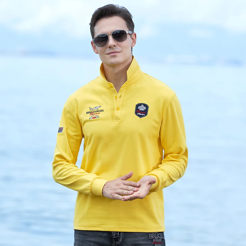 New Men's Yellow Polo Long Sleeves Bruce&Shark Thin Stretch Cotton Male Pure Polo Fashion Embroidery Straight-leg Tops Big Size