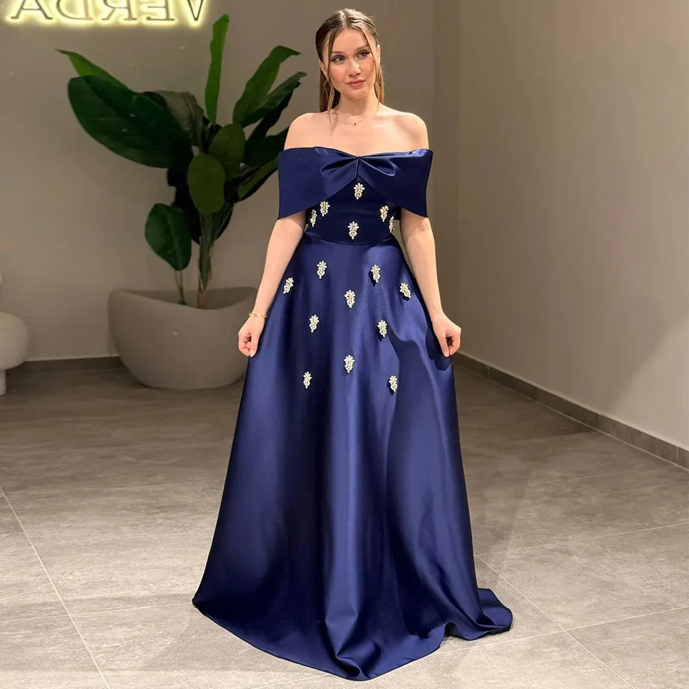 

Fashion Navy Blue Off the Shoulder Evening Dresses 2026 New A-Line Crystal Prom Gowns High Quality Satin Wedding Party Dresses