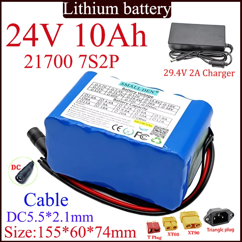 

24V 10Ah 21700 7S2P Lithium battery pack Built-in 15A BMS for 0-500W High Power Outdoor portable high quality battery+charger