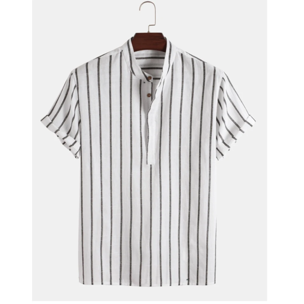 Summer Spring 2023 Men Casual Striped Blouse Shirts Male Turn Down Collar Short Sleeve Button Loose Sand Beach Tops M-3XL