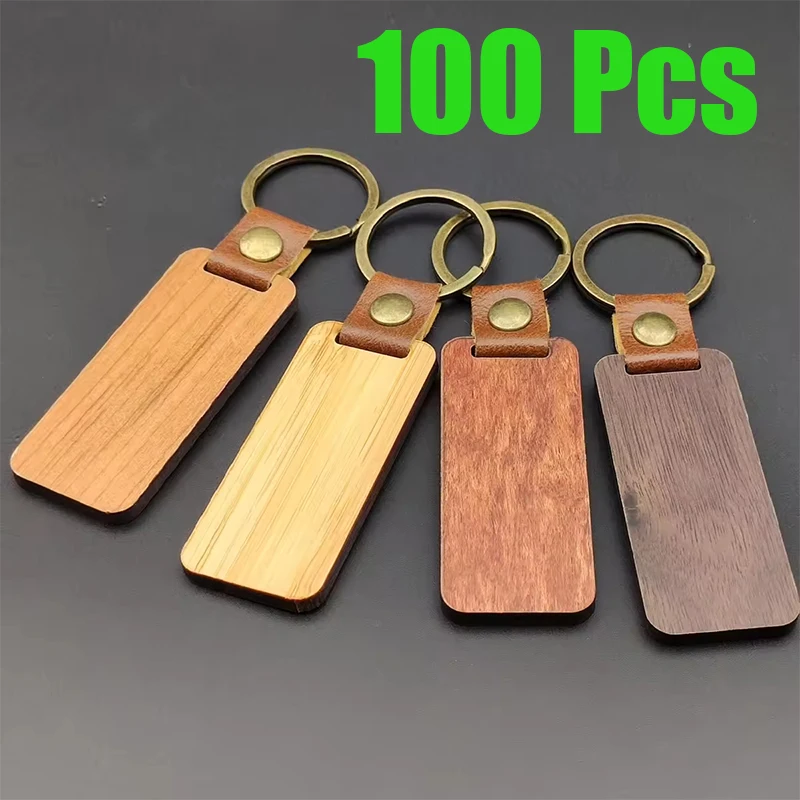 100Pcs Blank Wooden Keychains, Rectangle Unfinished Wood Key Tags for DIY Wedding Gifts & Business Promotions
