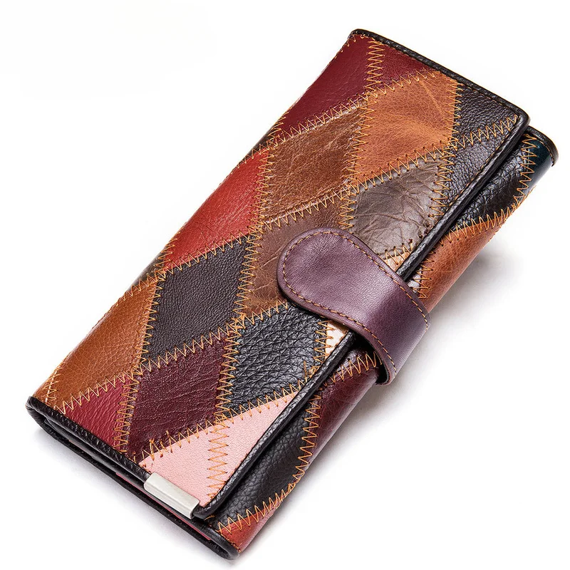 women's-cowhide-leather-wallet-color-block-patchwork-multi-cards-large-capacity-ladies-long-clutch-purse