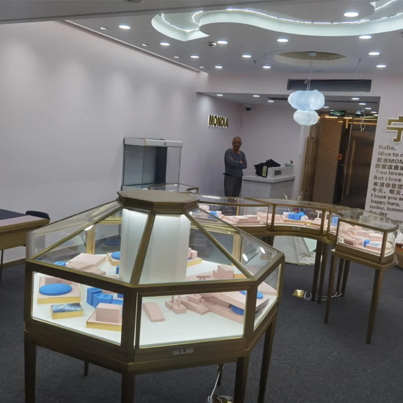 custom.Customized Modern Round Jewelry Display Cabinet Plated Showcase Store Furniture LED Light Mall Use