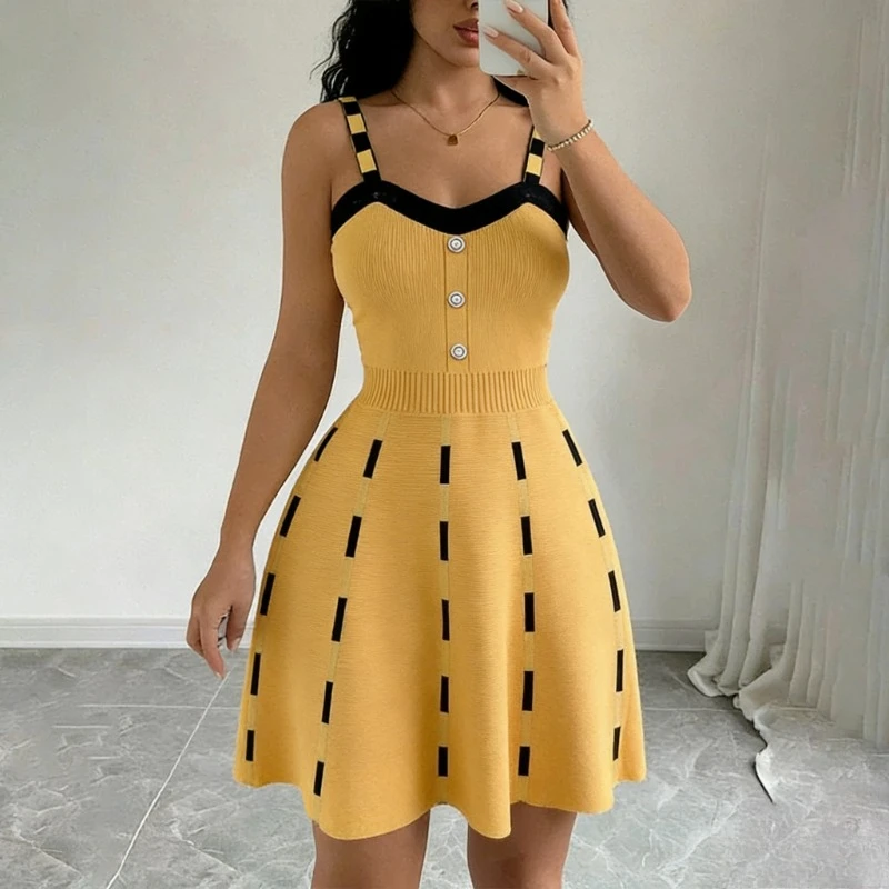 Vestido de Punto con Botones en la Parte Delantera, Vestido Midi Tipo Skater con Tirantes en Contraste y Cuello en V para Mujer, Vestido de Punto Informal para el Verano, Diario y Fiestas