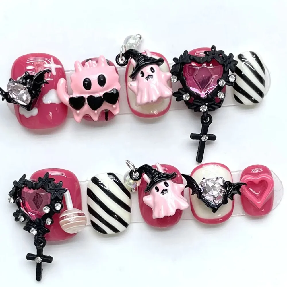 

10 шт. накладных ногтей с 3D-дизайном в виде сердечек, розово-розовые, короткие, круглые, ручной работы, легко наносятся.