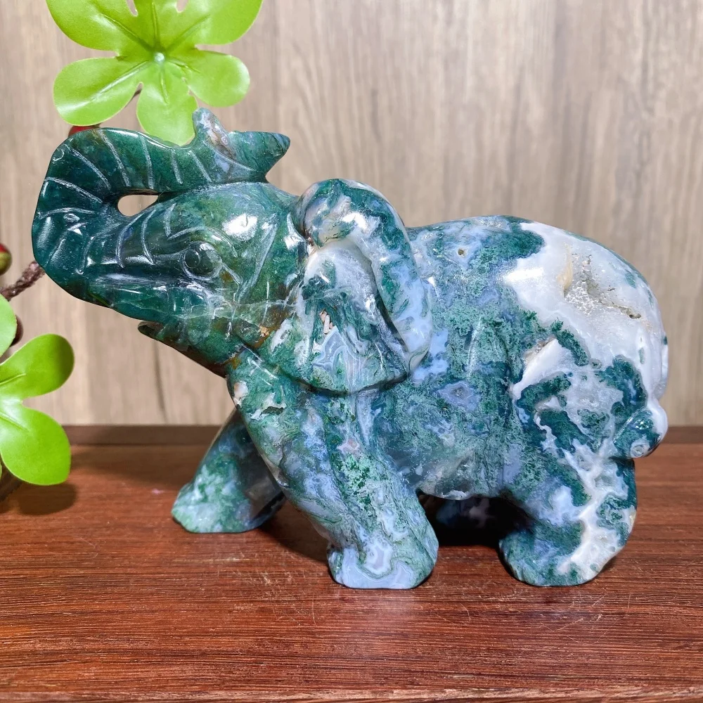 Natural Druzy Moss Agate Elephant Carving Hand Carved Cute Animals Raw Geode Home Decor Crafts Healing Crystal Reiki Stone Gift