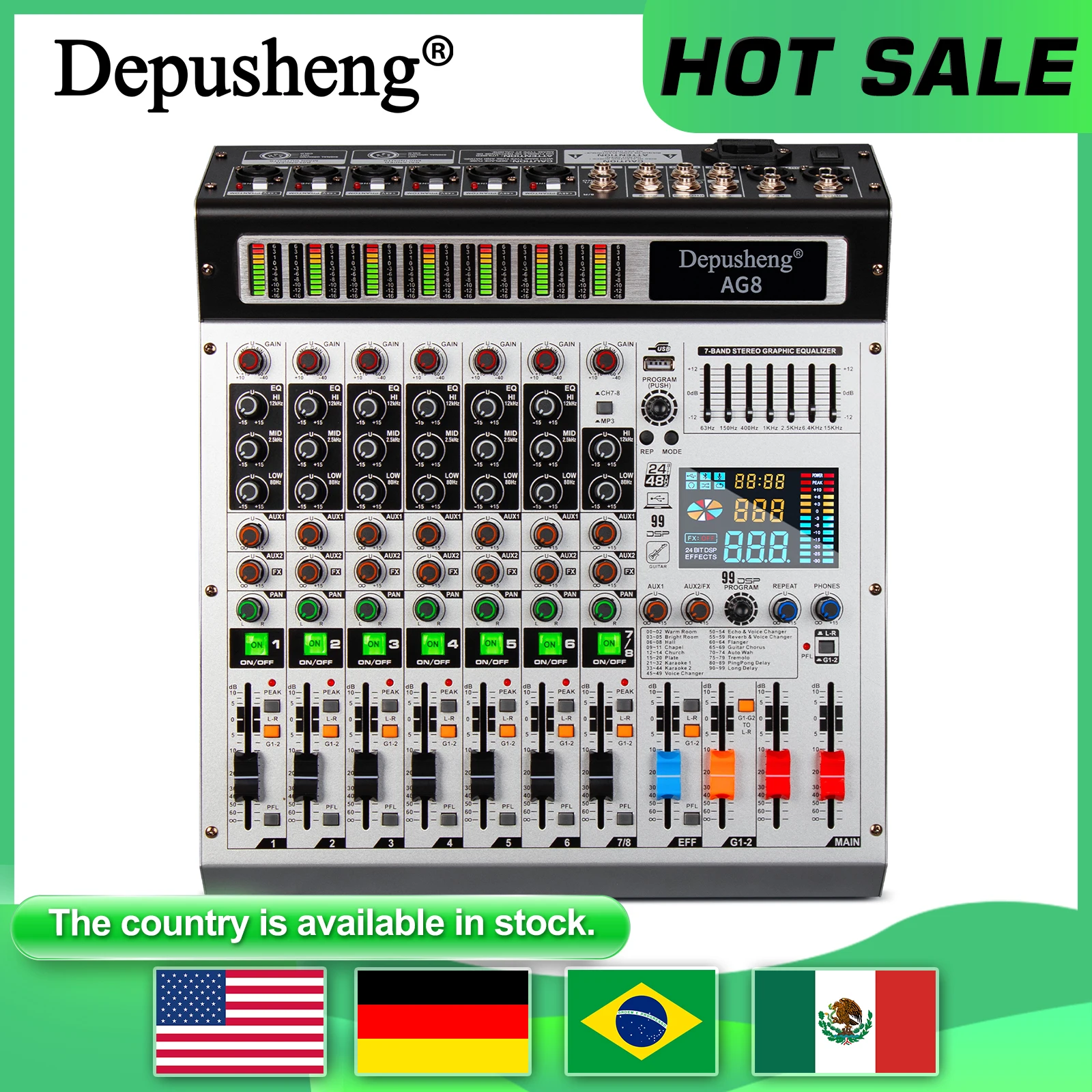 

Depusheng AG8 8-канальный микшер Профессиональный микшер аудиоконсоли DJ-консоль для аудиосцени 99 цифровых эффектов DSP
