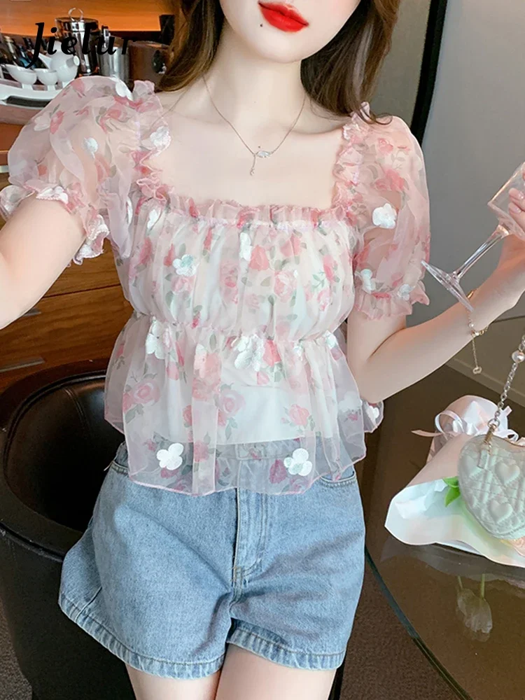 Jielur Summer New Slim Sweet Women Blouse Ladies Elegant Fashion Floral Blouse Woman Pink Blue Puff Sleeve Square Neck Top