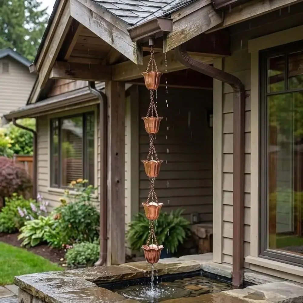 Japanese Style Metal Tulip Rain Chain Hanging 7 Cups Water Drainage Chain Iron Art Directs Water Rain Chain for Gutters
