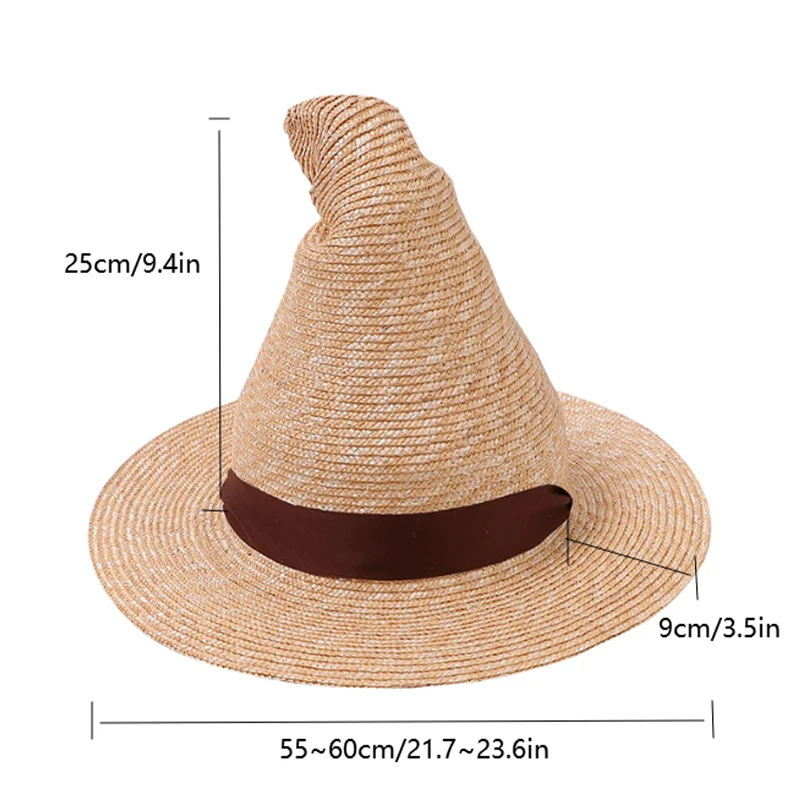 Women Retro Pointed Witch Straw Hat Wide Brim Sun Hat Ribbon Lace-up Wizard Hat Halloween Cosplay Party Costume Beach Travel Cap