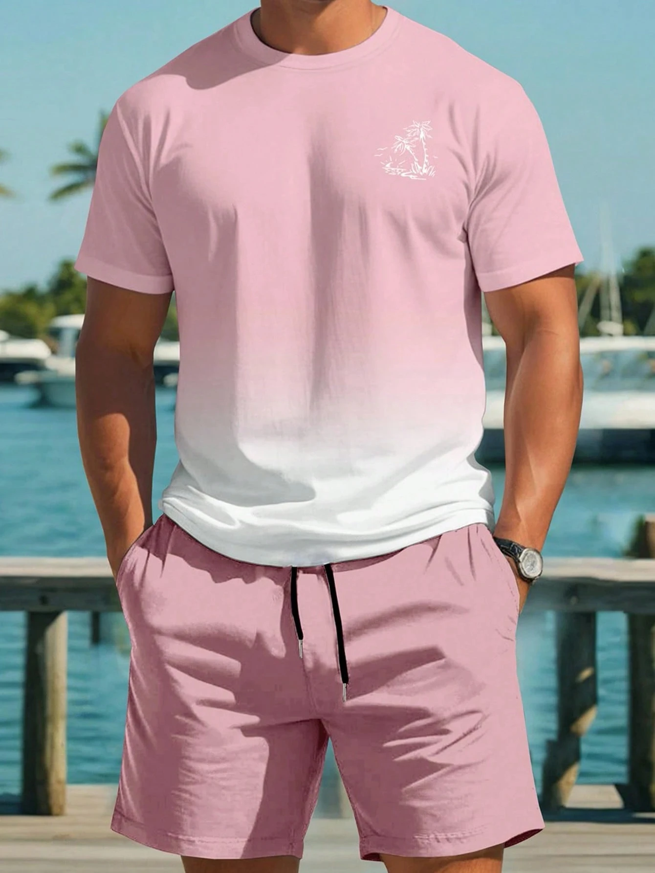 

Palm Print Men's Spring and Autumn Two-Piece Casual Round-Neck Short-Sleeve T-Shirt and Shorts Sports Set Printed Apparel