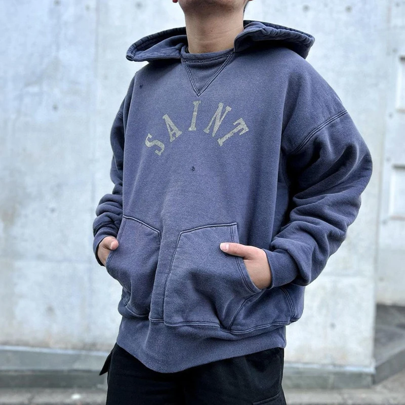 Sudadera con capucha para hombre y mujer, suéter de gran tamaño con agujeros dañados, color morado lavado, 24FW, M13 SAINT, 1:1
