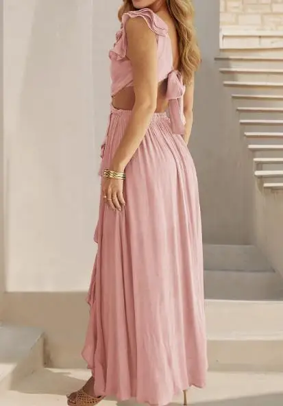 

Women's Dress 2025 Fashion Summer Slim-Fitting Backless Dress, Women's New Style Bohemian Vacation V-Neck Ruffle Slit Long Dress