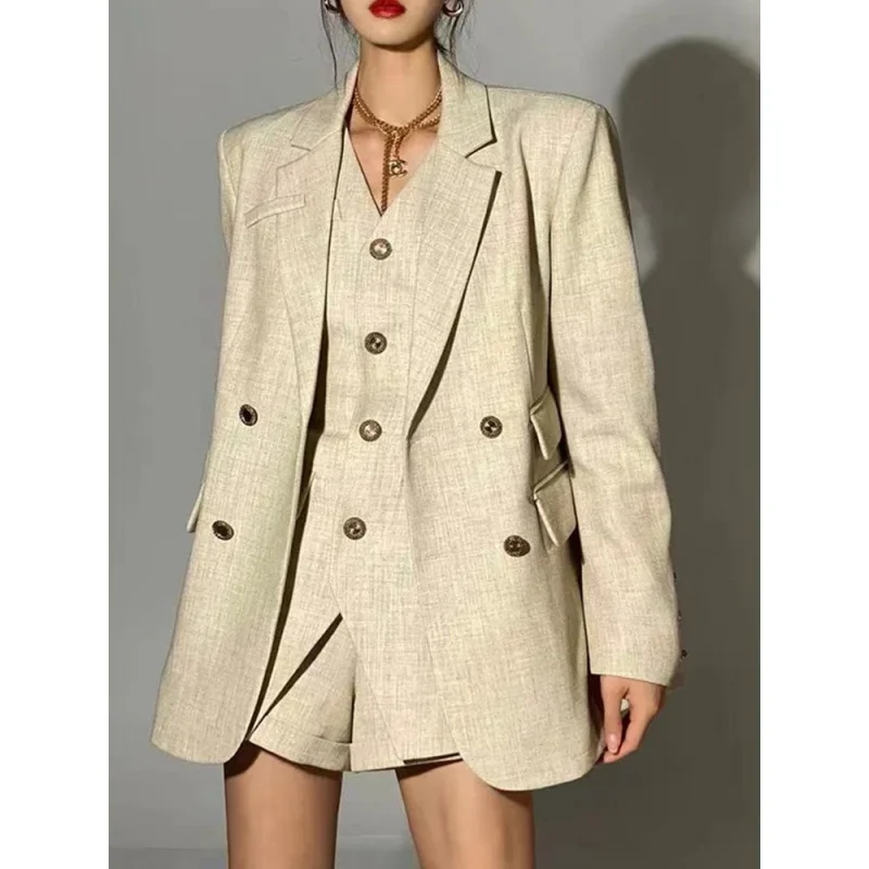 2024 Women\'s Blazer and Vest and Shorts Three Pieces Set Jacket Suits Korean Fashion Office Ladies Clothing for Spring Winter