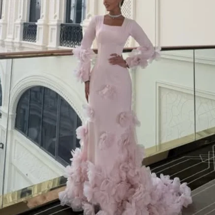 Customized Square Collar Floor Length Court Train Full Sleeves Flowers Pink Платье Корейский Стиль Vestido De Festa De Casamento